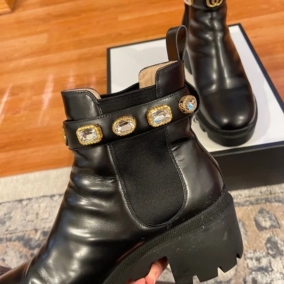 Gucci Women's Black Ankle Boots with Gold Accents - Picture 4 of 16